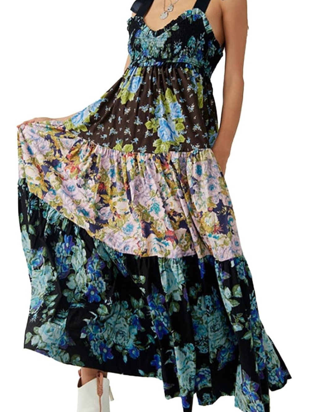 Boho Floral Tiered Maxi Dress in Black and Blue
